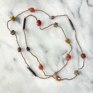 Vintage Handcrafted Multicolored Natural Stone Bead Necklace Long Strand Tribal